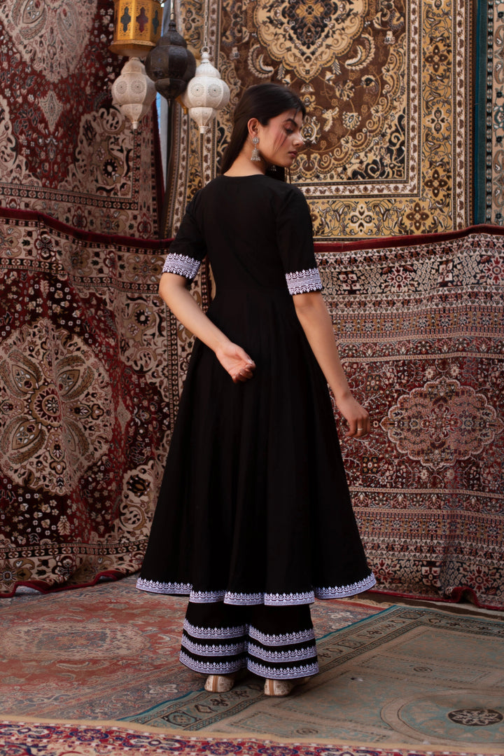 CHHIPA BAZAR BLACK EMBROIDERY COTTON ANGRAKHA SET WITH SOFT NET DUPATTA - Pomcha Jaipur