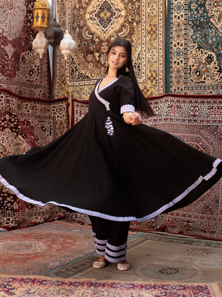 CHHIPA BAZAR BLACK EMBROIDERY COTTON ANGRAKHA SET WITH SOFT NET DUPATTA - Pomcha Jaipur
