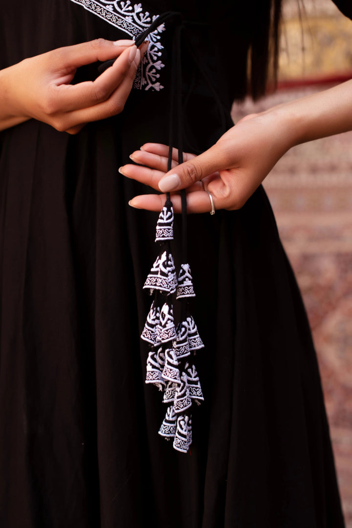 CHHIPA BAZAR BLACK EMBROIDERY COTTON ANGRAKHA SET WITH SOFT NET DUPATTA - Pomcha Jaipur