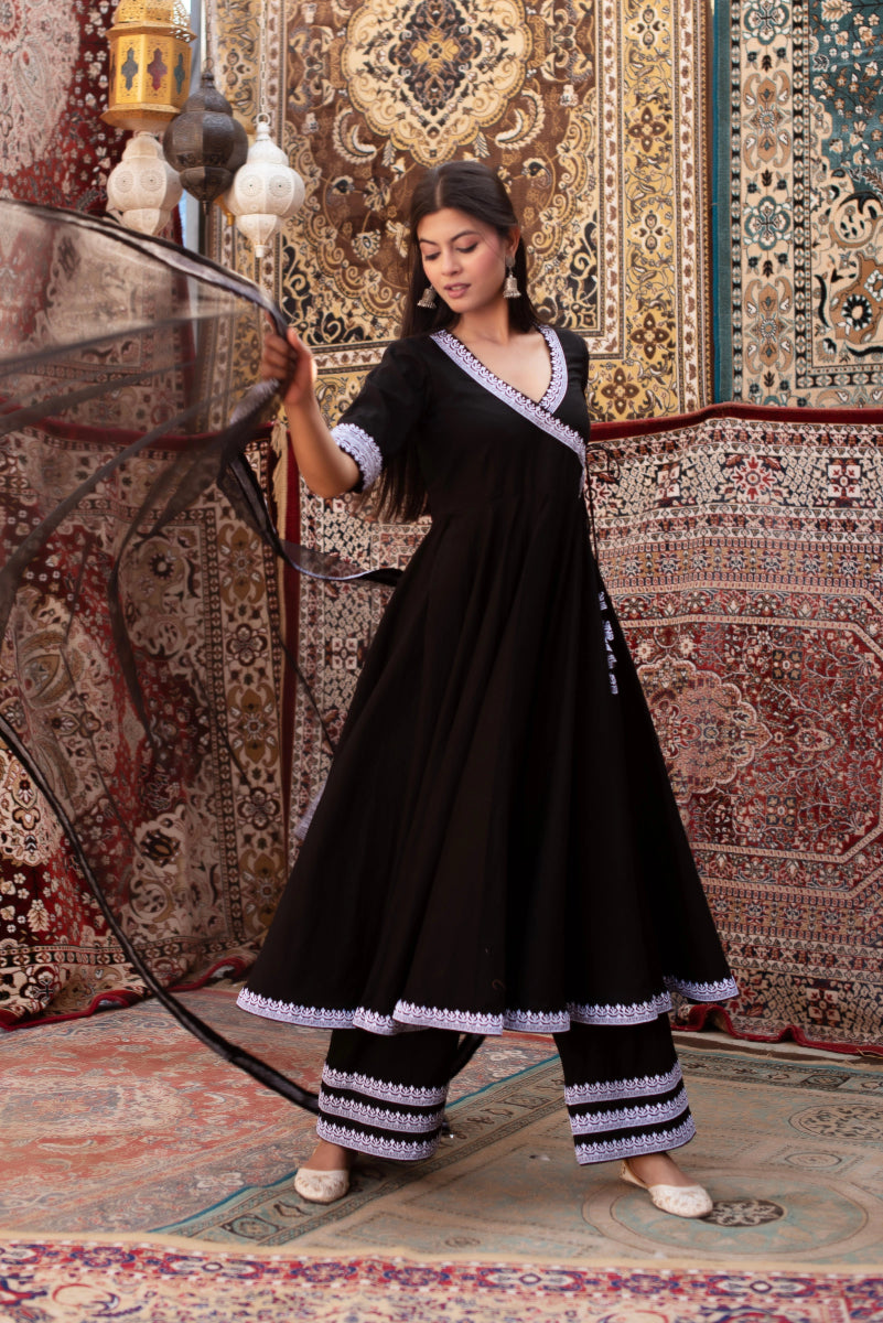 CHHIPA BAZAR BLACK EMBROIDERY COTTON ANGRAKHA SET WITH SOFT NET DUPATTA - Pomcha Jaipur