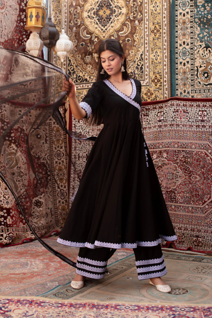 CHHIPA BAZAR BLACK EMBROIDERY COTTON ANGRAKHA SET WITH SOFT NET DUPATTA - Pomcha Jaipur