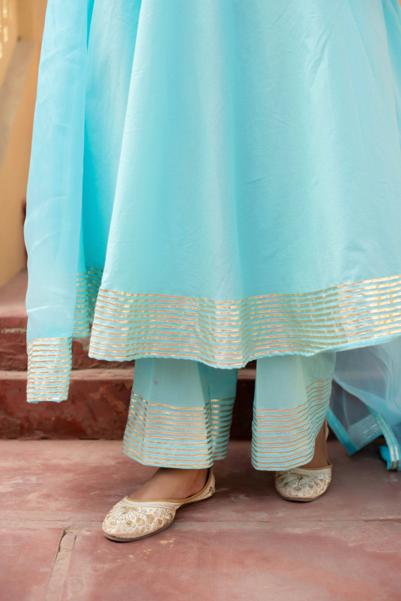 CHHIPA BAZAR BLUE COTTON GOTA PATTI ANGRAKHA SET WITH ORGANZA DUPATTA - Pomcha Jaipur