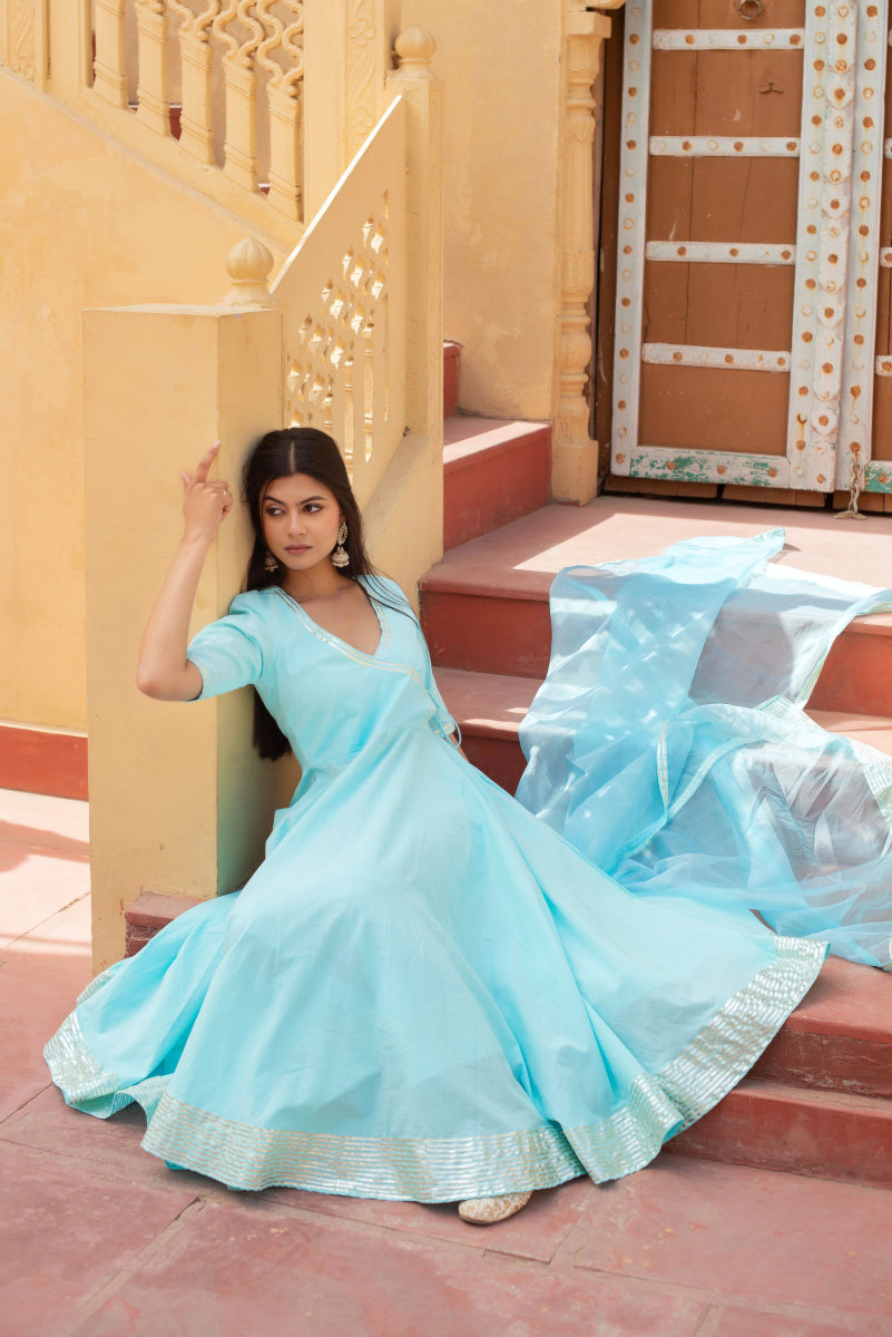 CHHIPA BAZAR BLUE COTTON GOTA PATTI ANGRAKHA SET WITH ORGANZA DUPATTA - Pomcha Jaipur