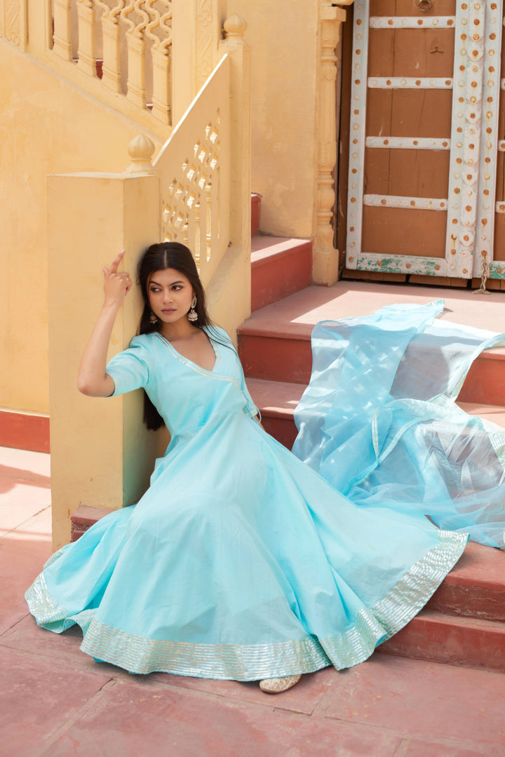 CHHIPA BAZAR BLUE COTTON GOTA PATTI ANGRAKHA SET WITH ORGANZA DUPATTA - Pomcha Jaipur