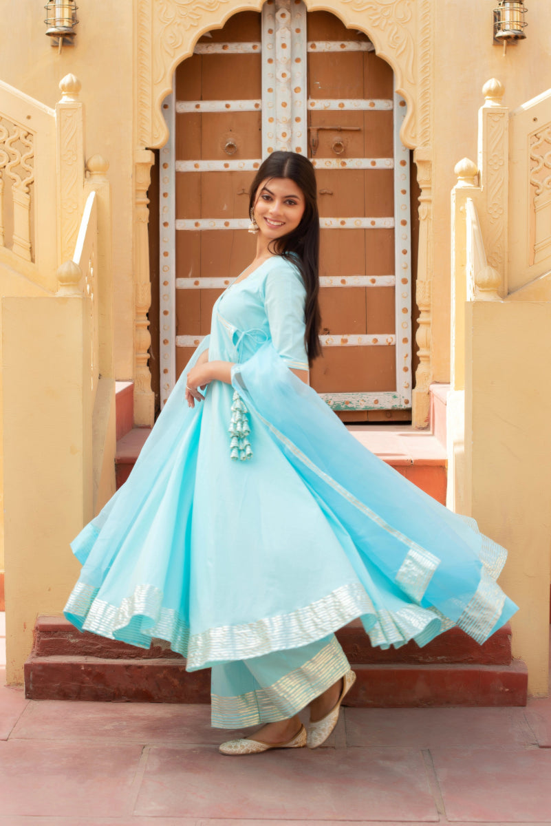 CHHIPA BAZAR BLUE COTTON GOTA PATTI ANGRAKHA SET WITH ORGANZA DUPATTA - Pomcha Jaipur