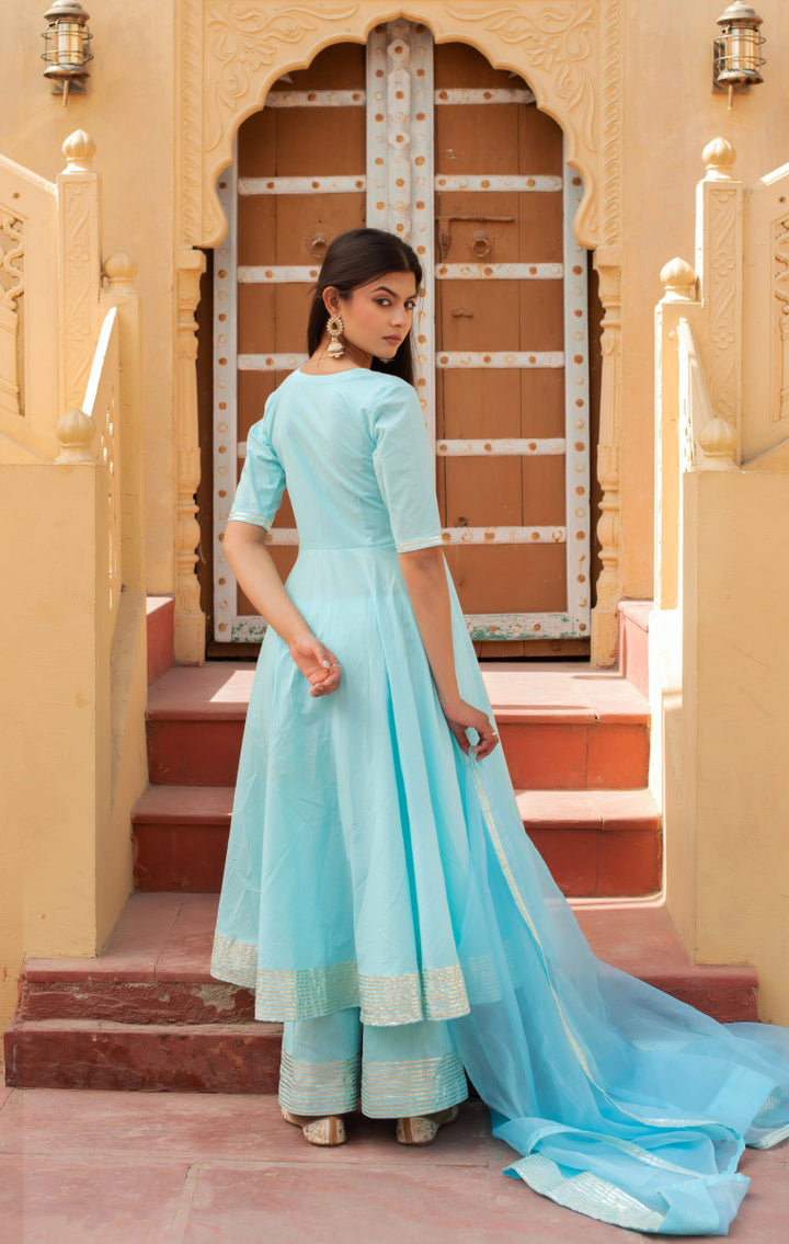 CHHIPA BAZAR BLUE COTTON GOTA PATTI ANGRAKHA SET WITH ORGANZA DUPATTA - Pomcha Jaipur