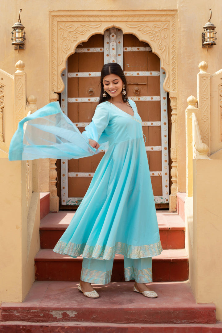 CHHIPA BAZAR BLUE COTTON GOTA PATTI ANGRAKHA SET WITH ORGANZA DUPATTA - Pomcha Jaipur