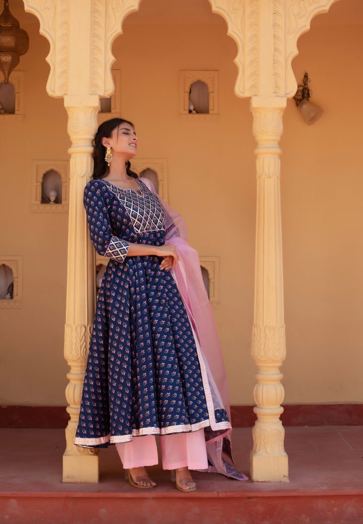 CHHIPA BAZAR BLUE COTTON HAND BLOCK GOTA PATTI ANARKALI SET WITH ORGANZA DUPATTA - Pomcha Jaipur