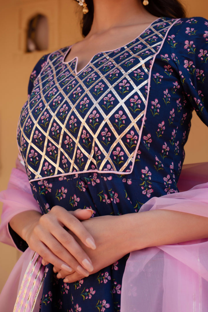 CHHIPA BAZAR BLUE COTTON HAND BLOCK GOTA PATTI ANARKALI SET WITH ORGANZA DUPATTA - Pomcha Jaipur