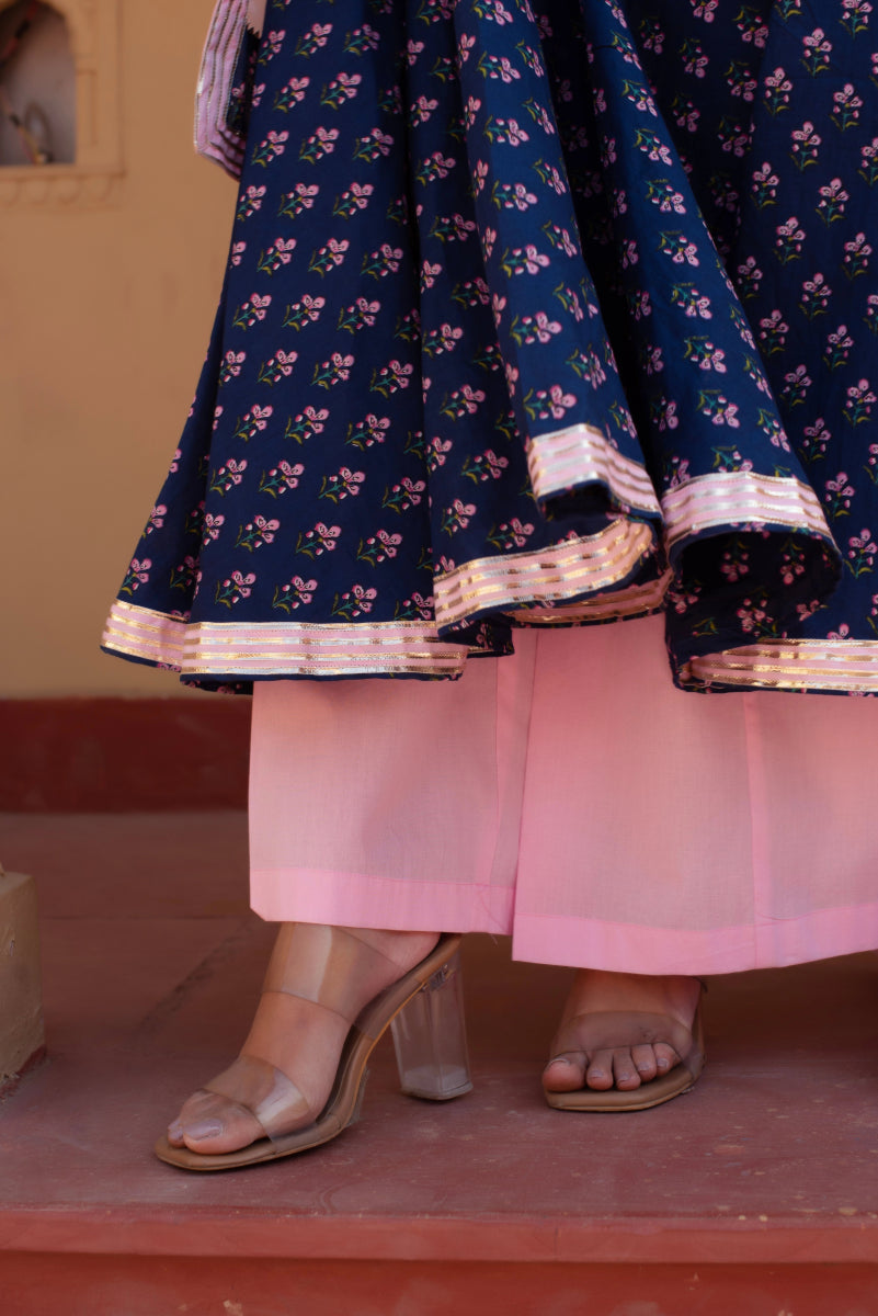 CHHIPA BAZAR BLUE COTTON HAND BLOCK GOTA PATTI ANARKALI SET WITH ORGANZA DUPATTA - Pomcha Jaipur