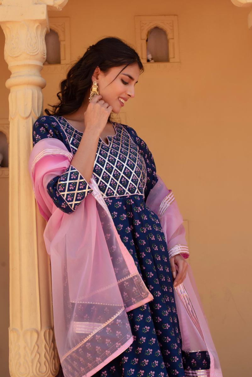 CHHIPA BAZAR BLUE COTTON HAND BLOCK GOTA PATTI ANARKALI SET WITH ORGANZA DUPATTA - Pomcha Jaipur