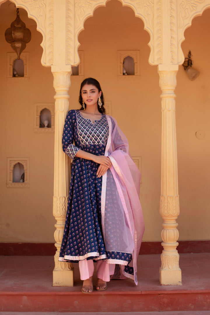 CHHIPA BAZAR BLUE COTTON HAND BLOCK GOTA PATTI ANARKALI SET WITH ORGANZA DUPATTA - Pomcha Jaipur