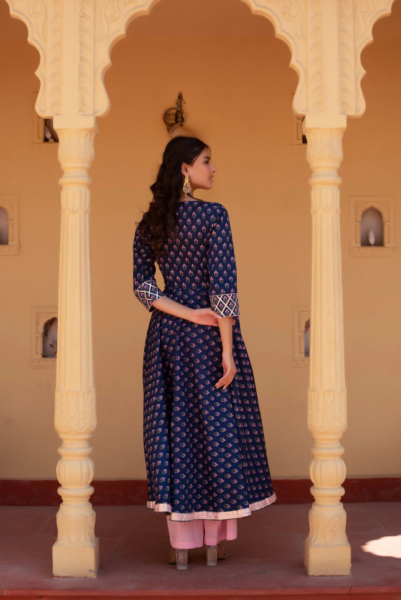 CHHIPA BAZAR BLUE COTTON HAND BLOCK GOTA PATTI ANARKALI SET WITH ORGANZA DUPATTA - Pomcha Jaipur