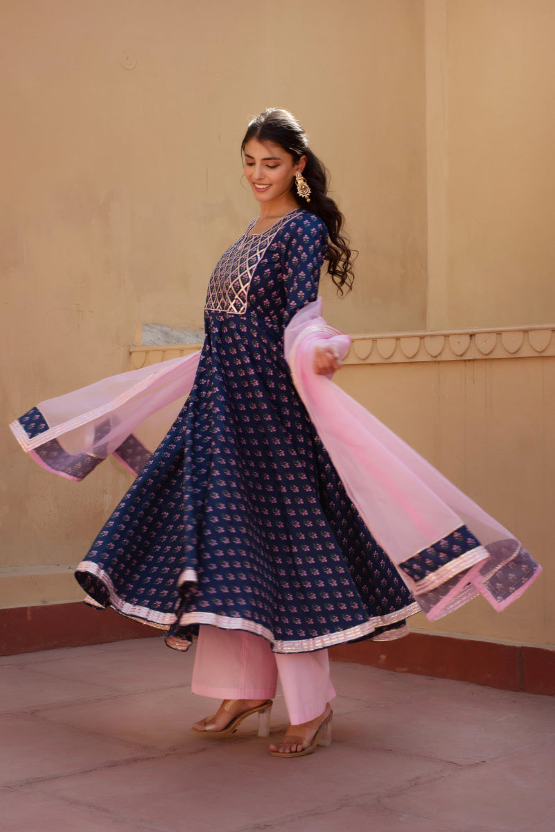 CHHIPA BAZAR BLUE COTTON HAND BLOCK GOTA PATTI ANARKALI SET WITH ORGANZA DUPATTA - Pomcha Jaipur