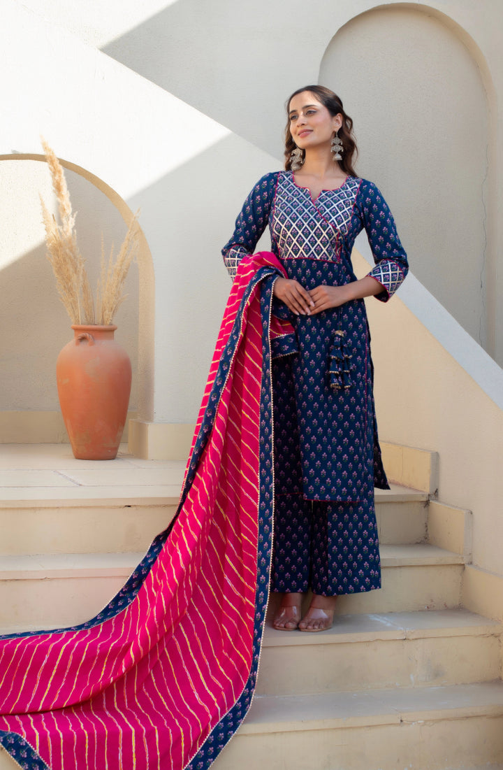 CHHIPA BAZAR BLUE COTTON HAND BLOCK PRINT GOTA PATTI ANGRAKHA SUIT SET - Pomcha Jaipur