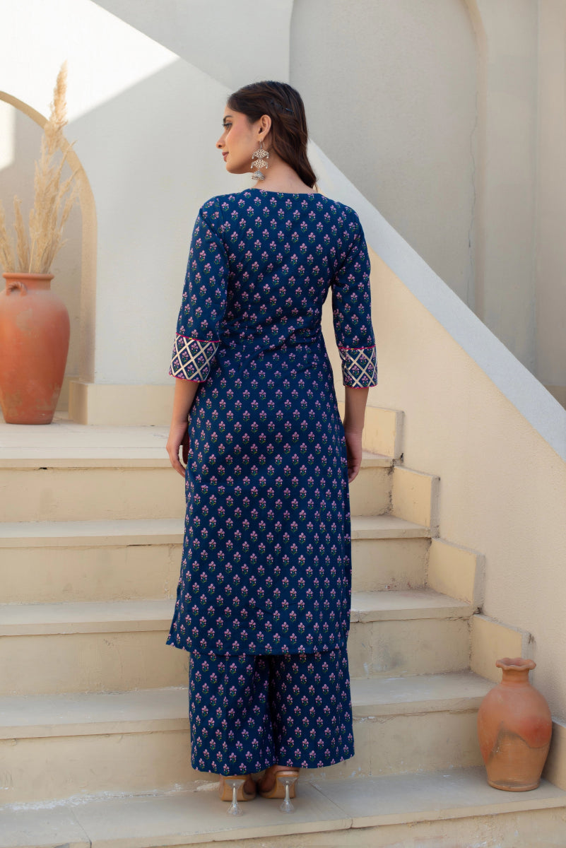CHHIPA BAZAR BLUE COTTON HAND BLOCK PRINT GOTA PATTI ANGRAKHA SUIT SET - Pomcha Jaipur