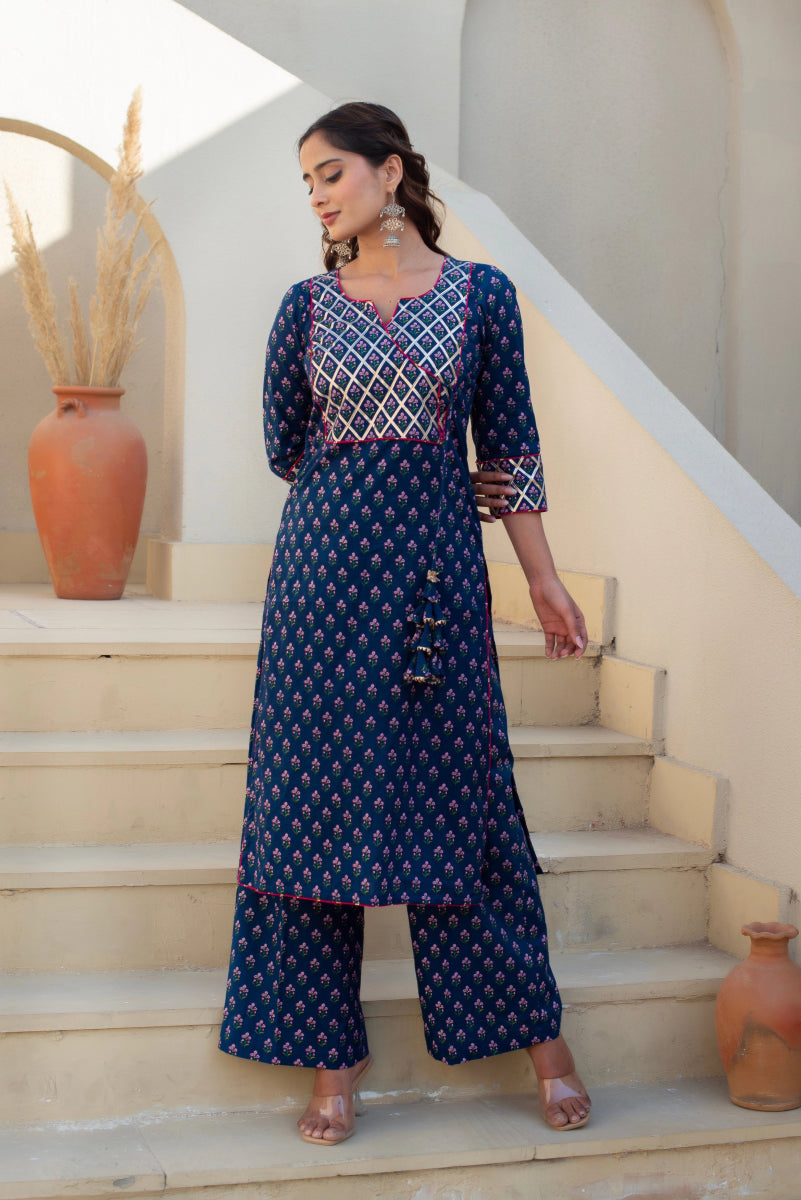 CHHIPA BAZAR BLUE COTTON HAND BLOCK PRINT GOTA PATTI ANGRAKHA SUIT SET - Pomcha Jaipur