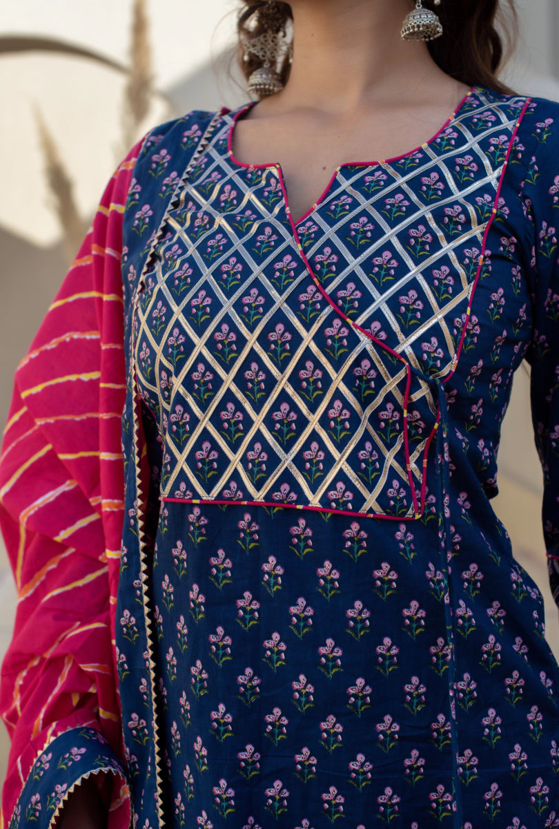 CHHIPA BAZAR BLUE COTTON HAND BLOCK PRINT GOTA PATTI ANGRAKHA SUIT SET - Pomcha Jaipur