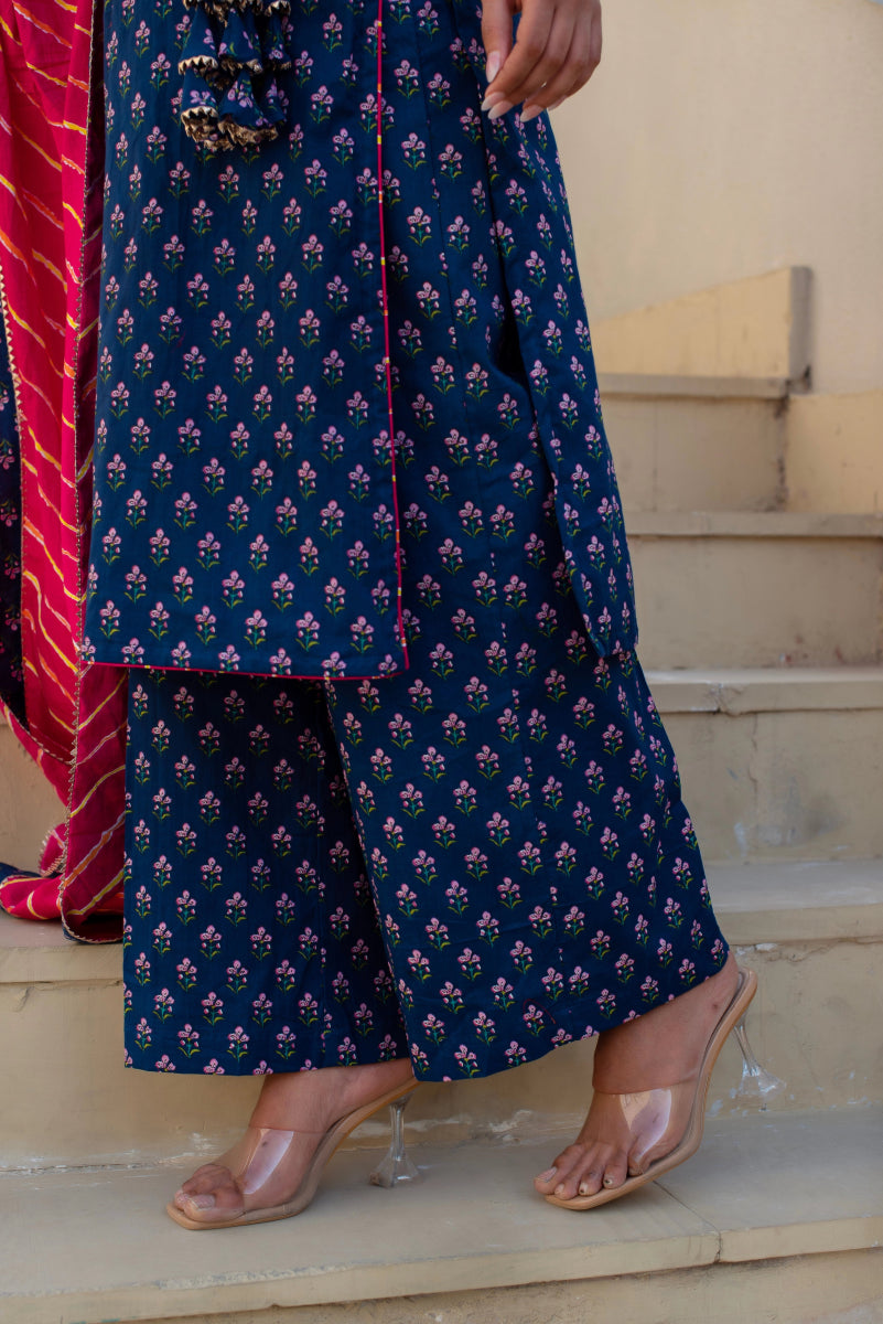 CHHIPA BAZAR BLUE COTTON HAND BLOCK PRINT GOTA PATTI ANGRAKHA SUIT SET - Pomcha Jaipur