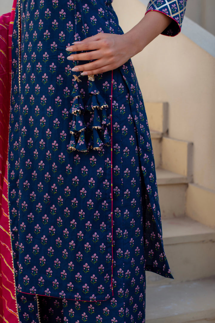 CHHIPA BAZAR BLUE COTTON HAND BLOCK PRINT GOTA PATTI ANGRAKHA SUIT SET - Pomcha Jaipur