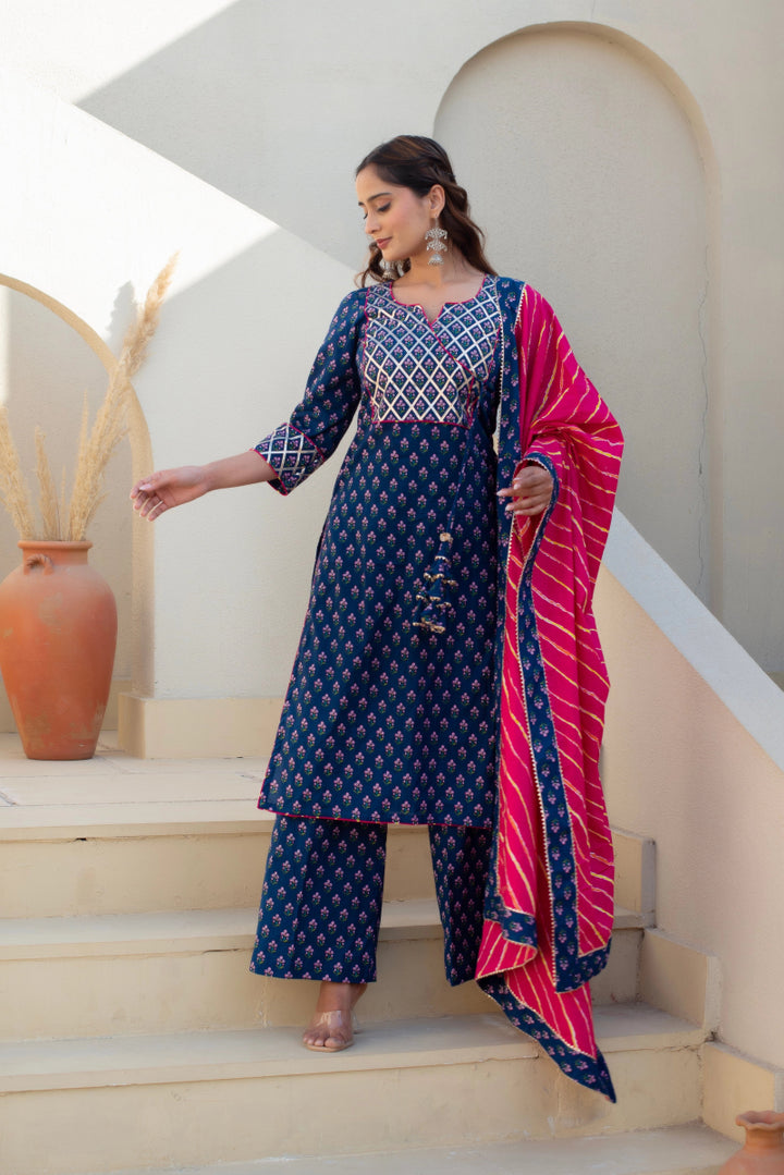 CHHIPA BAZAR BLUE COTTON HAND BLOCK PRINT GOTA PATTI ANGRAKHA SUIT SET - Pomcha Jaipur