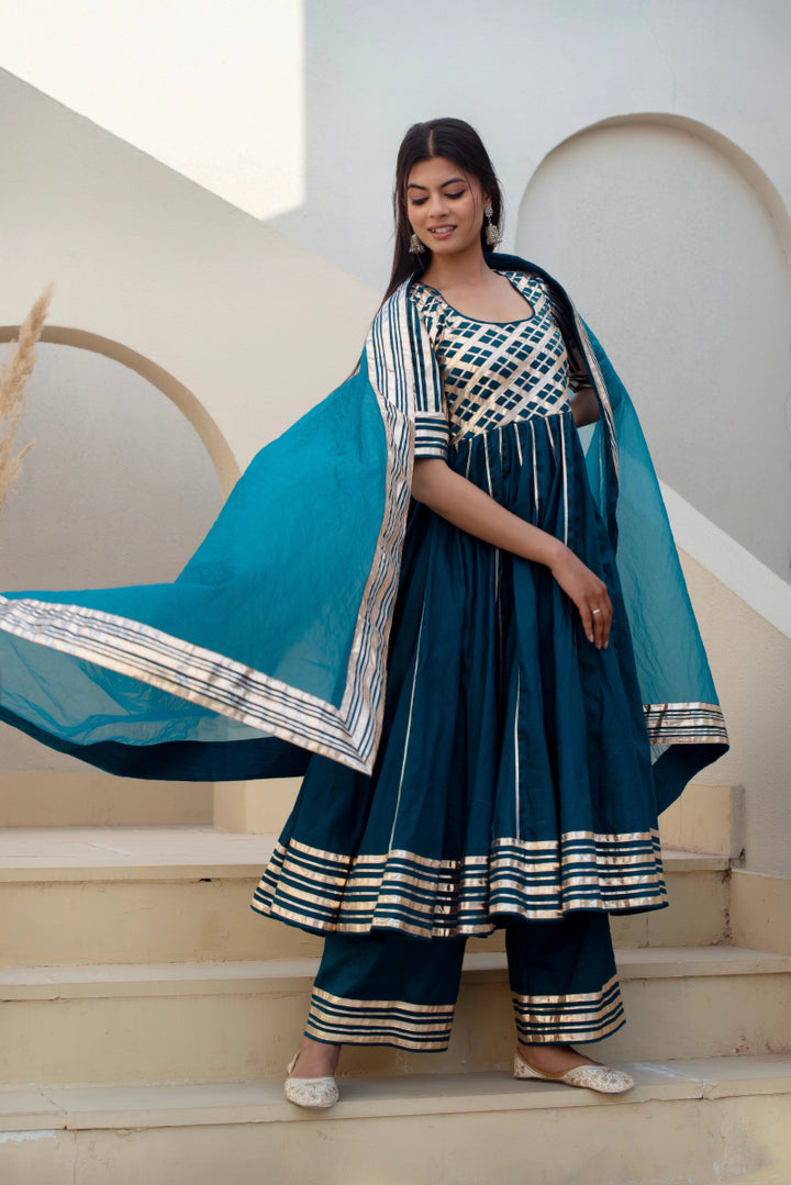 CHHIPA BAZAR BLUE GREEN GLACE COTTON GOTA PATTI ANARKALI SET WITH ORGANZA DUPATTA - Pomcha Jaipur