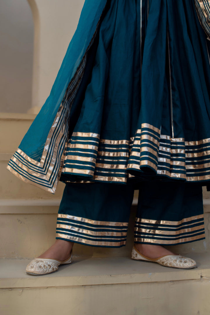 CHHIPA BAZAR BLUE GREEN GLACE COTTON GOTA PATTI ANARKALI SET WITH ORGANZA DUPATTA - Pomcha Jaipur