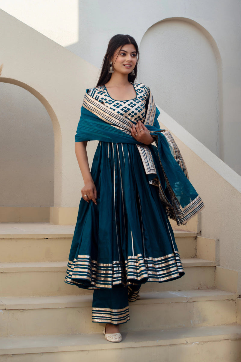 CHHIPA BAZAR BLUE GREEN GLACE COTTON GOTA PATTI ANARKALI SET WITH ORGANZA DUPATTA - Pomcha Jaipur