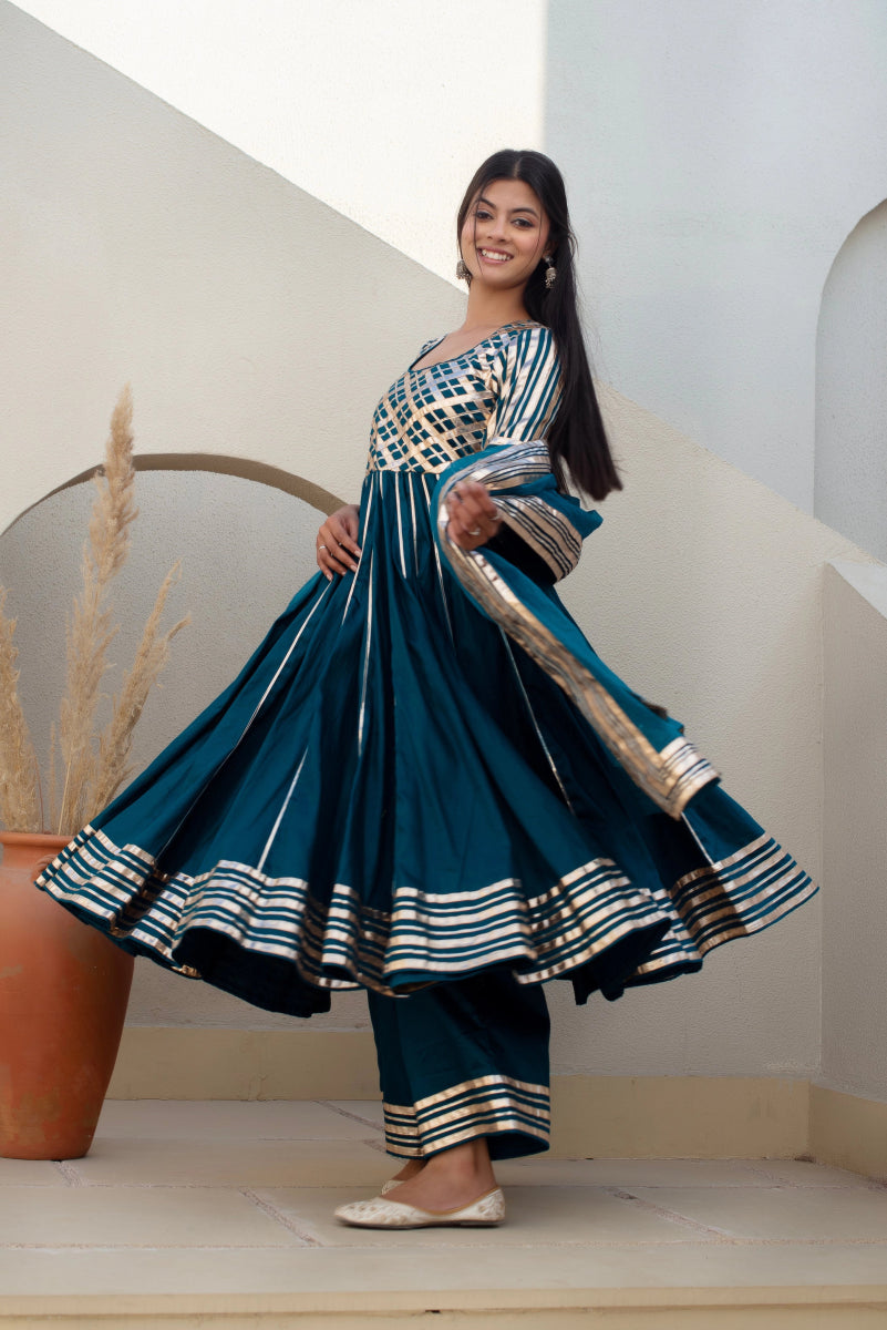 CHHIPA BAZAR BLUE GREEN GLACE COTTON GOTA PATTI ANARKALI SET WITH ORGANZA DUPATTA - Pomcha Jaipur