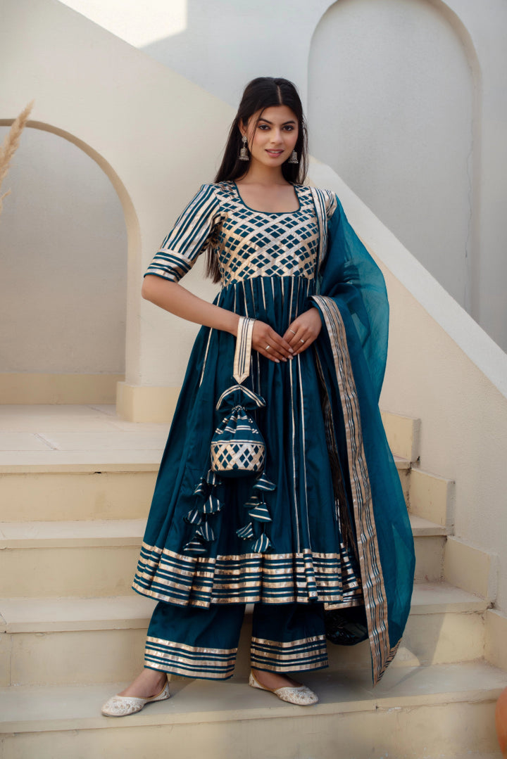 CHHIPA BAZAR BLUE GREEN GLACE COTTON GOTA PATTI ANARKALI SET WITH ORGANZA DUPATTA - Pomcha Jaipur