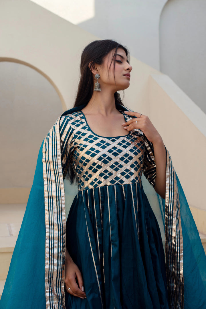 CHHIPA BAZAR BLUE GREEN GLACE COTTON GOTA PATTI ANARKALI SET WITH ORGANZA DUPATTA - Pomcha Jaipur