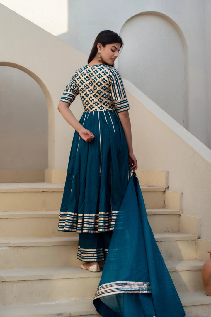 CHHIPA BAZAR BLUE GREEN GLACE COTTON GOTA PATTI ANARKALI SET WITH ORGANZA DUPATTA - Pomcha Jaipur