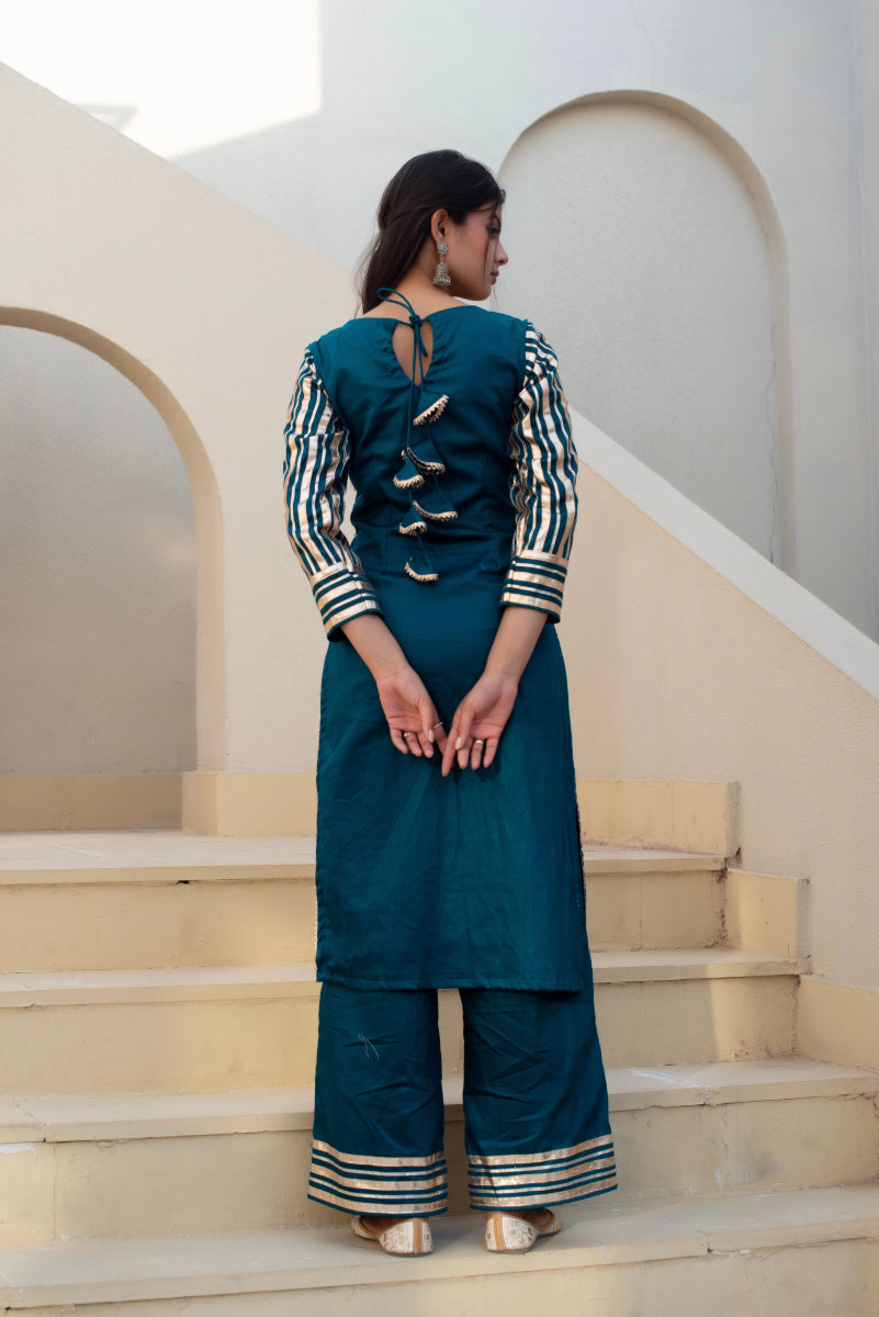 CHHIPA BAZAR BLUE GREEN GLACE COTTON GOTA PATTI SUIT SET WITH ORGANZA DUPATTA - Pomcha Jaipur