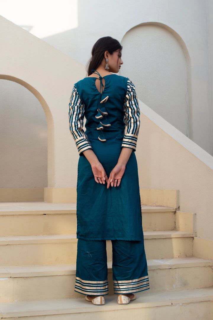 CHHIPA BAZAR BLUE GREEN GLACE COTTON GOTA PATTI SUIT SET WITH ORGANZA DUPATTA - Pomcha Jaipur