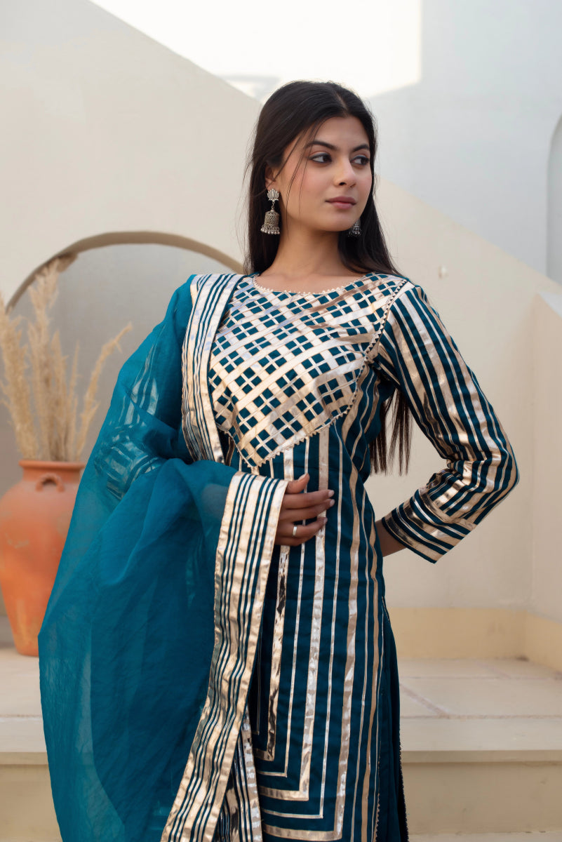CHHIPA BAZAR BLUE GREEN GLACE COTTON GOTA PATTI SUIT SET WITH ORGANZA DUPATTA - Pomcha Jaipur