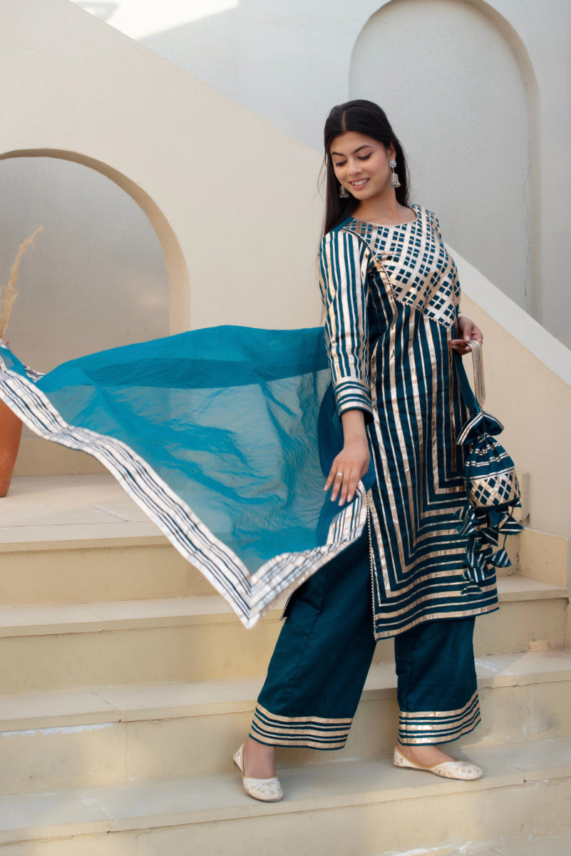 CHHIPA BAZAR BLUE GREEN GLACE COTTON GOTA PATTI SUIT SET WITH ORGANZA DUPATTA - Pomcha Jaipur