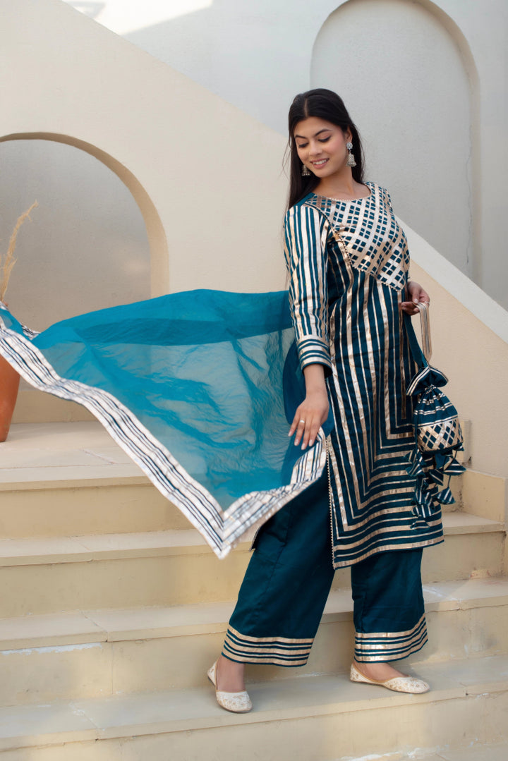 CHHIPA BAZAR BLUE GREEN GLACE COTTON GOTA PATTI SUIT SET WITH ORGANZA DUPATTA - Pomcha Jaipur