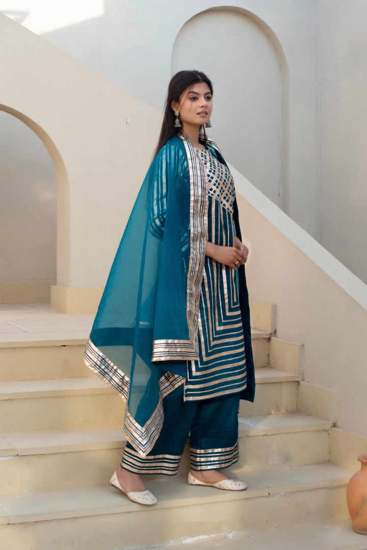 CHHIPA BAZAR BLUE GREEN GLACE COTTON GOTA PATTI SUIT SET WITH ORGANZA DUPATTA - Pomcha Jaipur