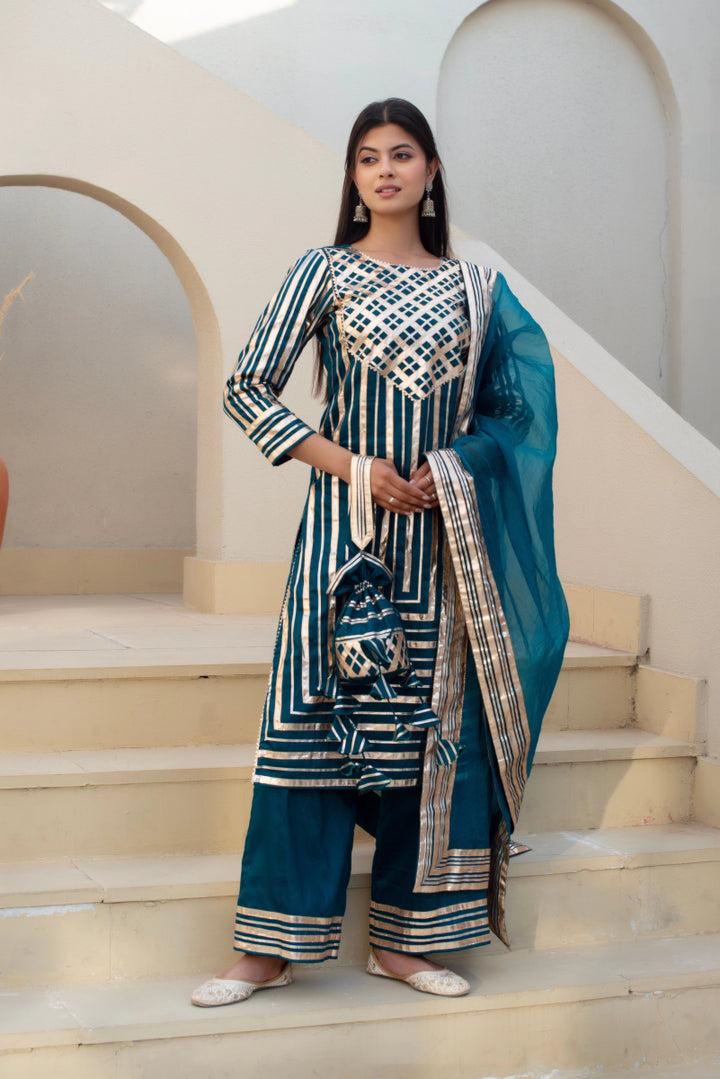 CHHIPA BAZAR BLUE GREEN GLACE COTTON GOTA PATTI SUIT SET WITH ORGANZA DUPATTA - Pomcha Jaipur