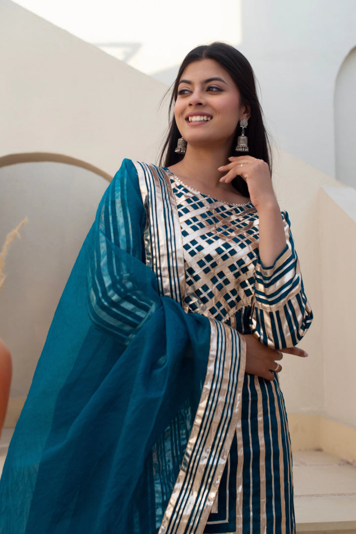CHHIPA BAZAR BLUE GREEN GLACE COTTON GOTA PATTI SUIT SET WITH ORGANZA DUPATTA - Pomcha Jaipur