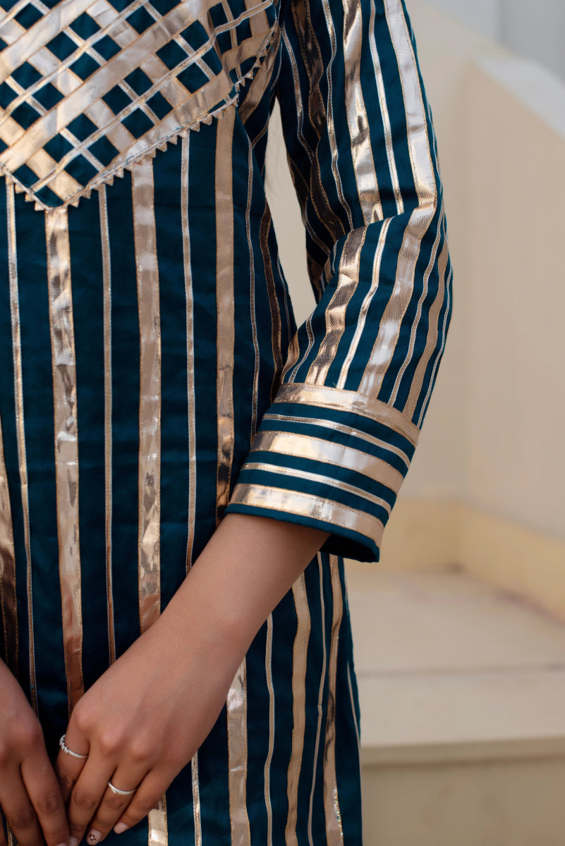 CHHIPA BAZAR BLUE GREEN GLACE COTTON GOTA PATTI SUIT SET WITH ORGANZA DUPATTA - Pomcha Jaipur