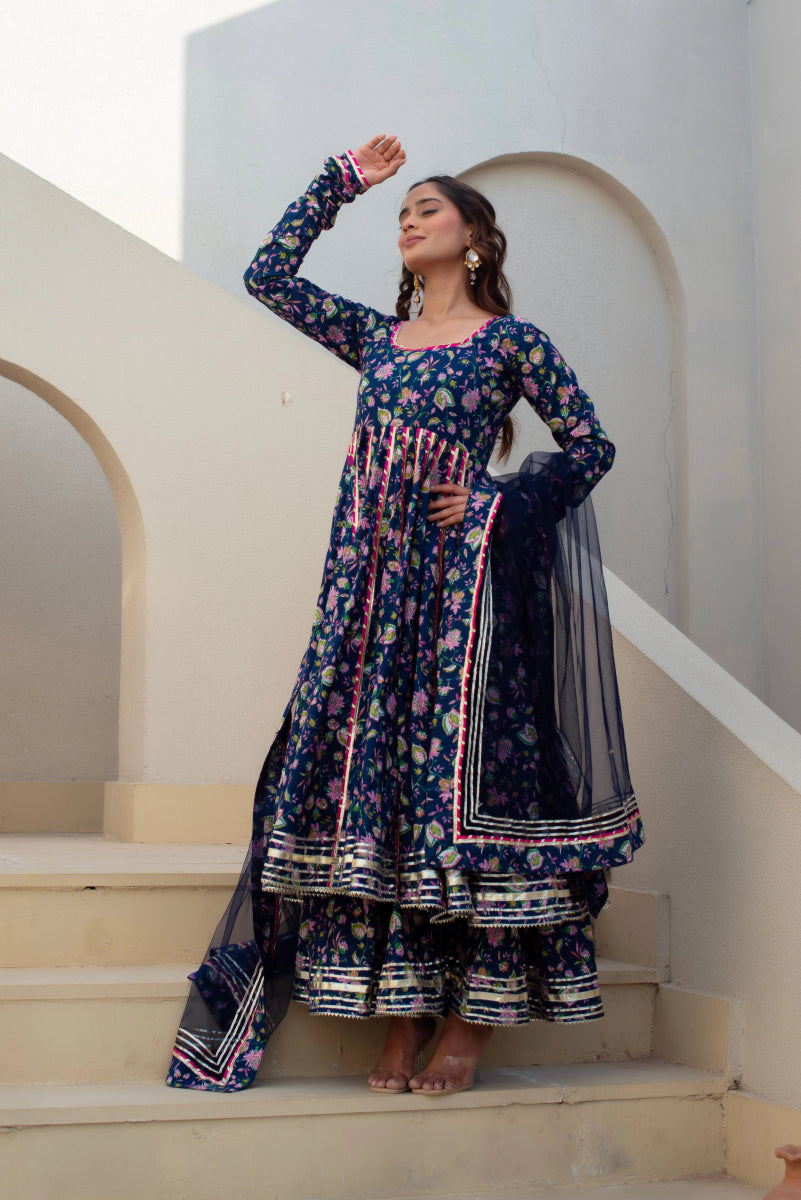 CHHIPA BAZAR BLUE MASTANI COTTON GOTA PATTI ANARKALI SET WITH SOFT NET DUPATTA - Pomcha Jaipur