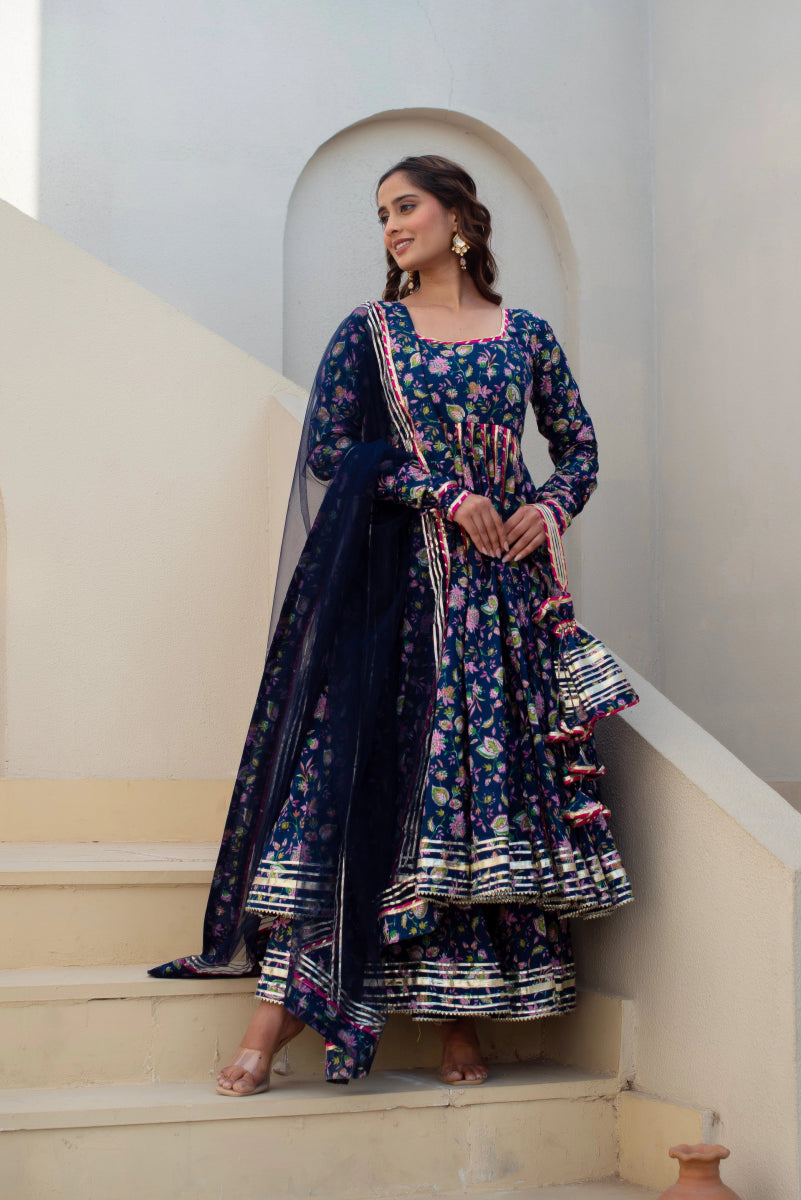 CHHIPA BAZAR BLUE MASTANI COTTON GOTA PATTI ANARKALI SET WITH SOFT NET DUPATTA - Pomcha Jaipur