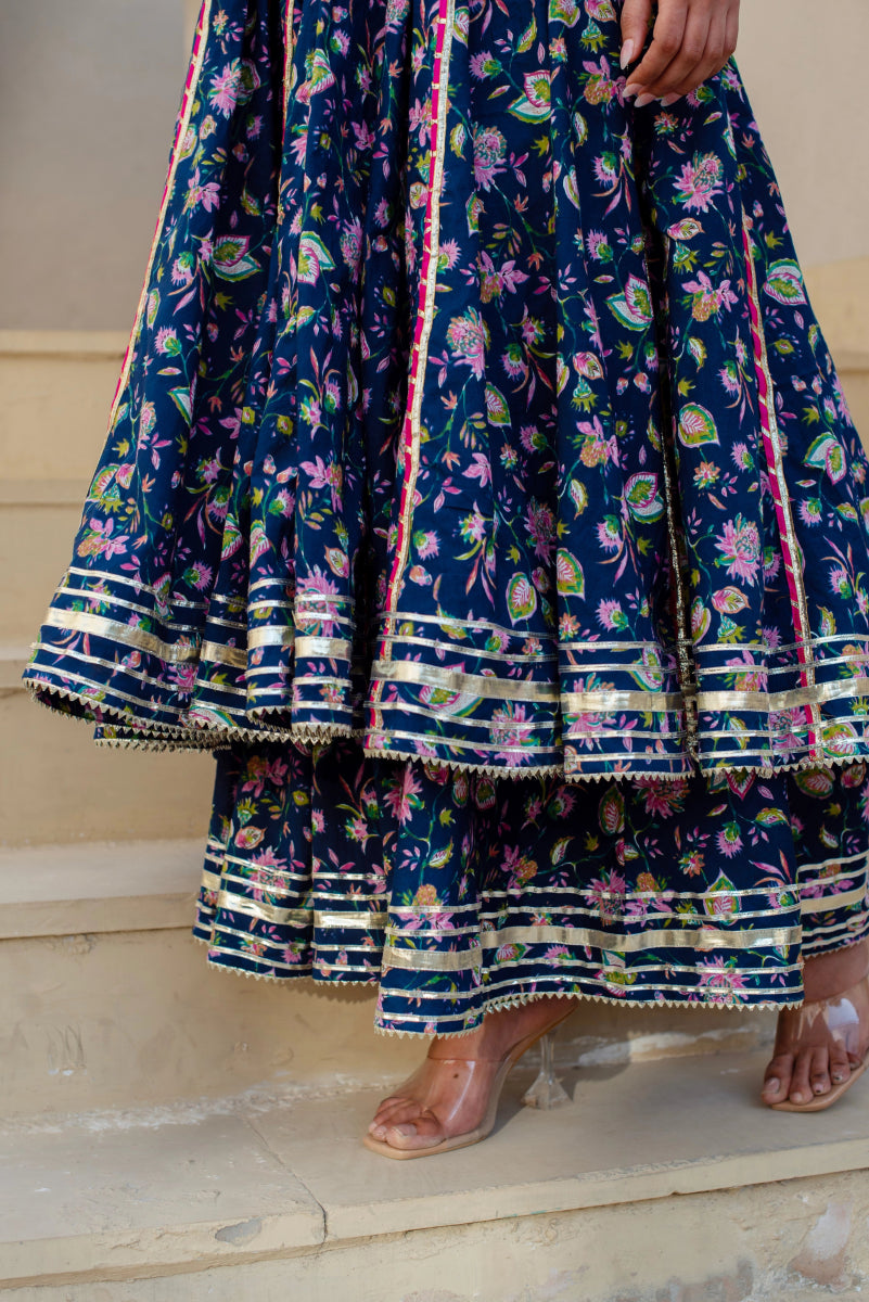 CHHIPA BAZAR BLUE MASTANI COTTON GOTA PATTI ANARKALI SET WITH SOFT NET DUPATTA - Pomcha Jaipur
