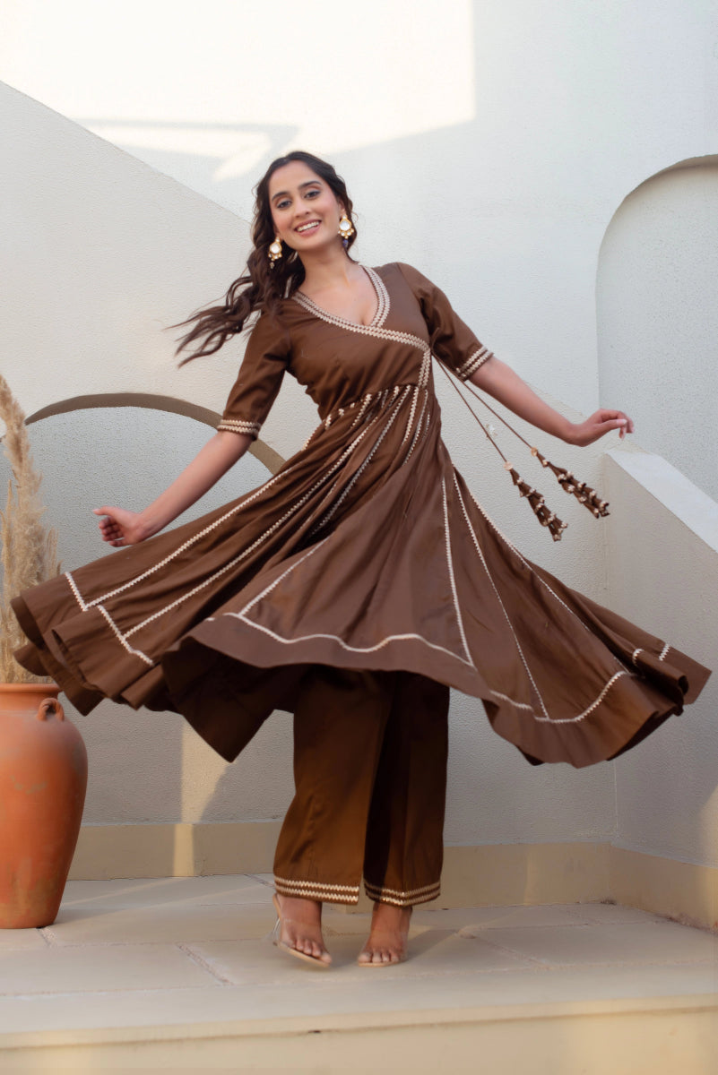 CHHIPA BAZAR BROWN GLACE COTTON GOTA PATTI ANGRAKHA SET WITH ORGANZA DUPATTA - Pomcha Jaipur