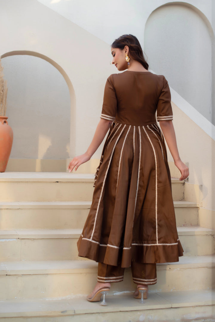 CHHIPA BAZAR BROWN GLACE COTTON GOTA PATTI ANGRAKHA SET WITH ORGANZA DUPATTA - Pomcha Jaipur