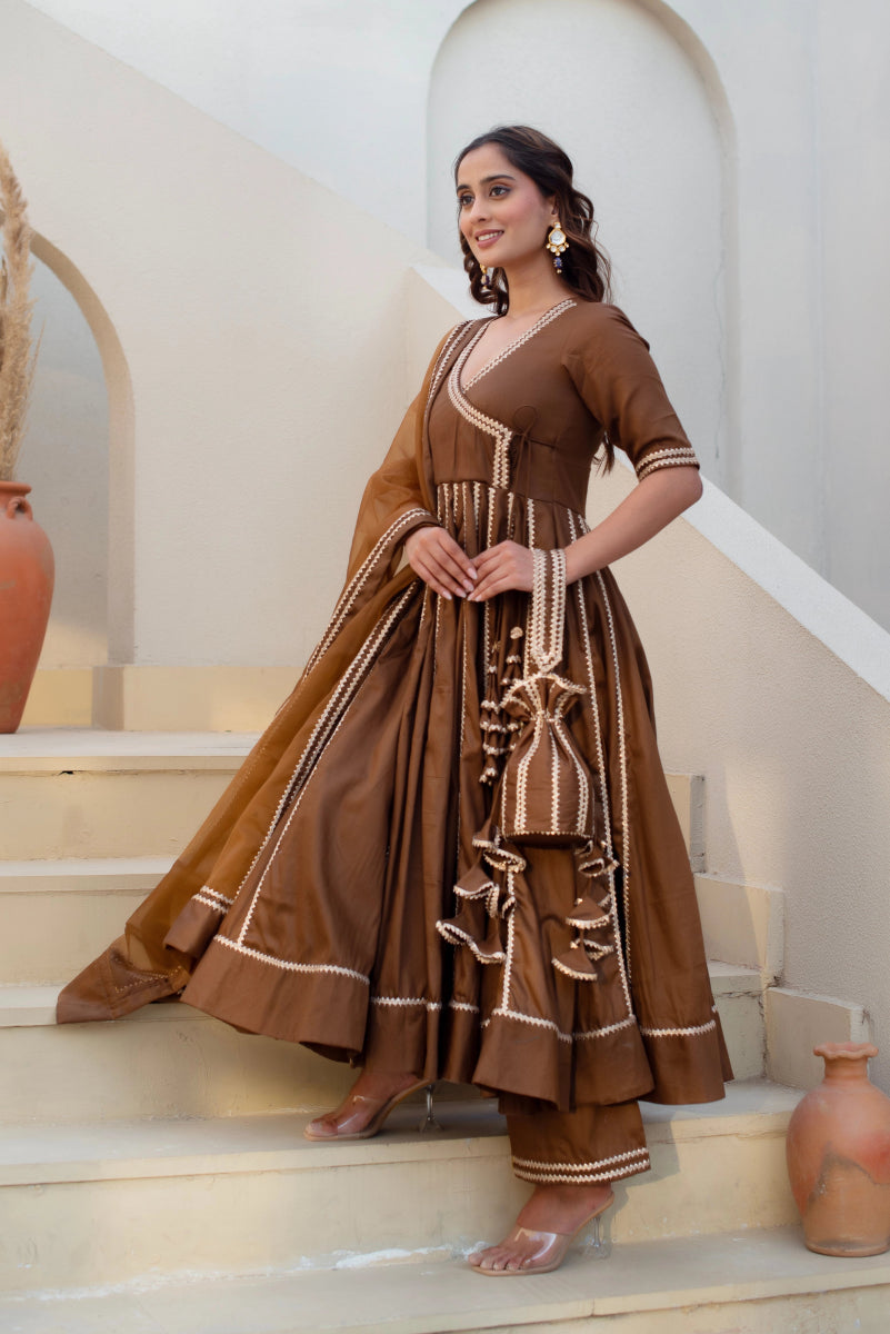 CHHIPA BAZAR BROWN GLACE COTTON GOTA PATTI ANGRAKHA SET WITH ORGANZA DUPATTA - Pomcha Jaipur