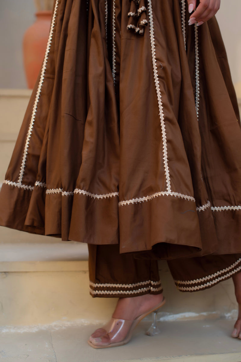 CHHIPA BAZAR BROWN GLACE COTTON GOTA PATTI ANGRAKHA SET WITH ORGANZA DUPATTA - Pomcha Jaipur