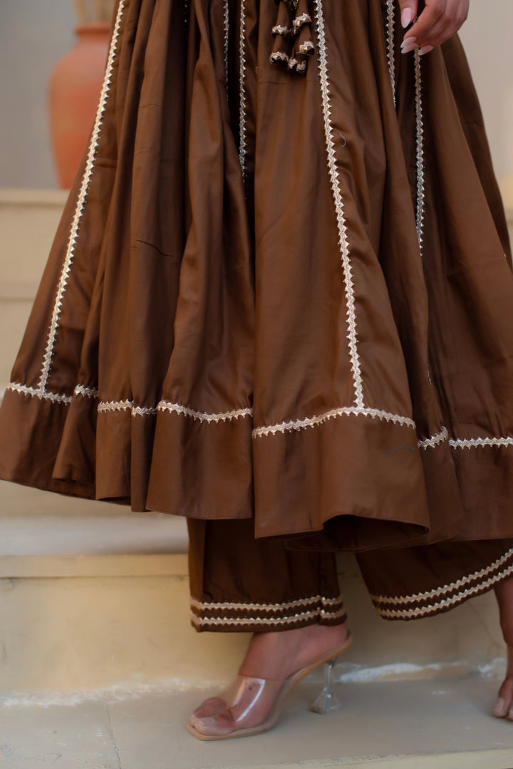 CHHIPA BAZAR BROWN GLACE COTTON GOTA PATTI ANGRAKHA SET WITH ORGANZA DUPATTA - Pomcha Jaipur