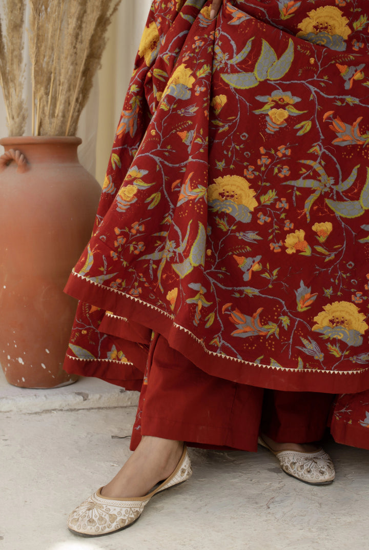 CHHIPA BAZAR CHAND MAROON LONG COTTON ANARKALI WITH SOFT NET DUPATTA - Pomcha Jaipur